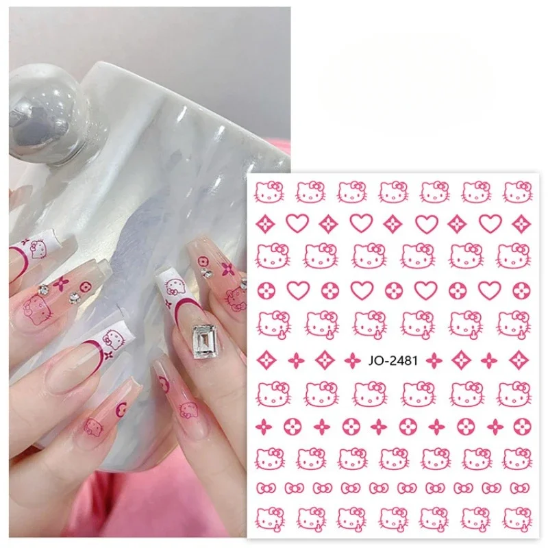 Sanrio peripheral Hello Kitty Nail Art Stickers Anime Cartoon KT Cartoon Cute Hot Girl Glue Back Nail Decal Nail accessories