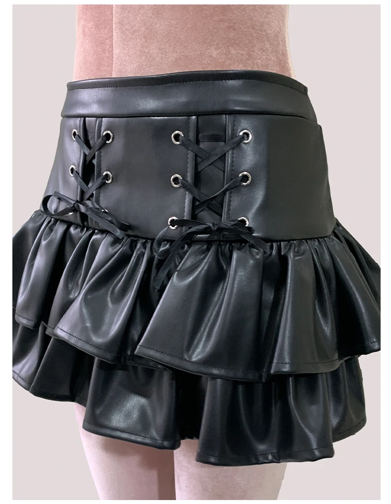 Nerazzurri Summer Autumn Soft Black Pu Leather Mini Tiered Pleated Skirt Women Lace Up Short Luxury Designer Punk Style Clothes