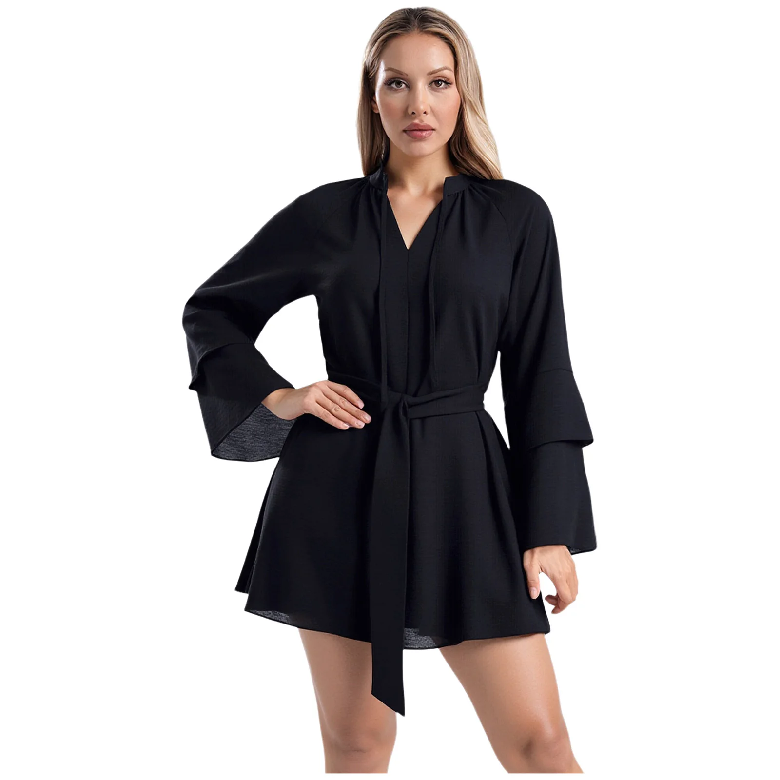 Mini robe irrégulière pour femmes, mode Streetwear, couleur unie, col en v, Robe de plage, à volants, manches longues, Robes de soirée