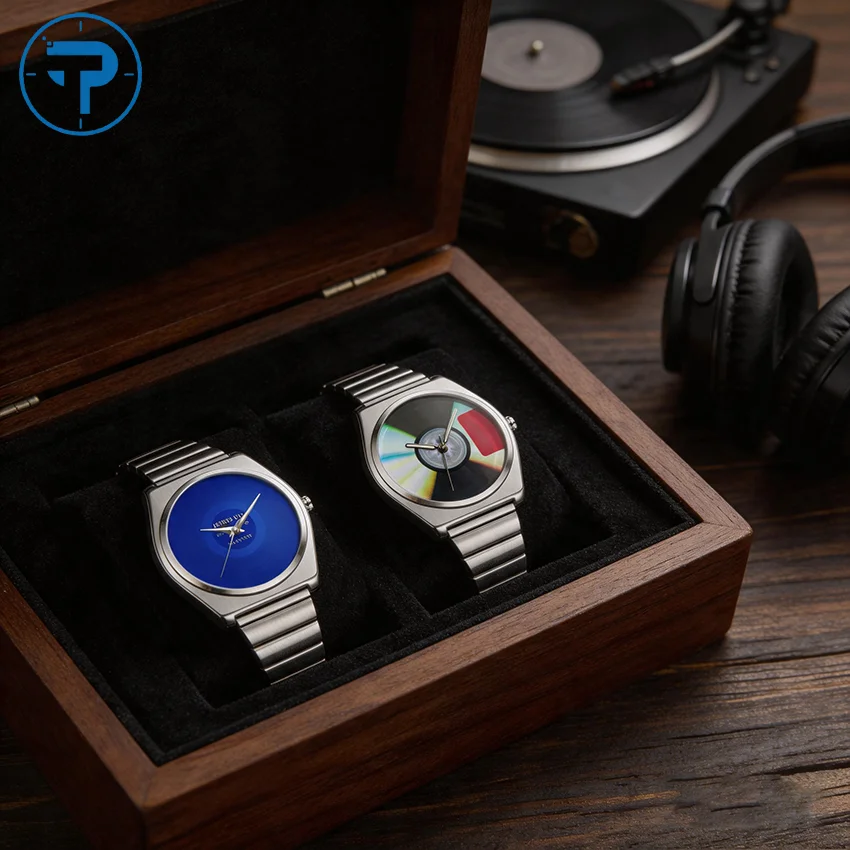 Minimalist Blue Record Dial Hip Hop Street Wear Men's Watch Yeezus CD Theme Classic Silver Stainless Steel Band Quartz Watch