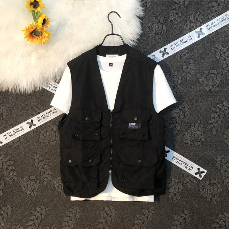 

Свободная мужская рабочая одежда, жилет, летняя модная верхняя одежда с несколькими карманами, V-Ne, однотонная, однотонная, повседневная, молодежная