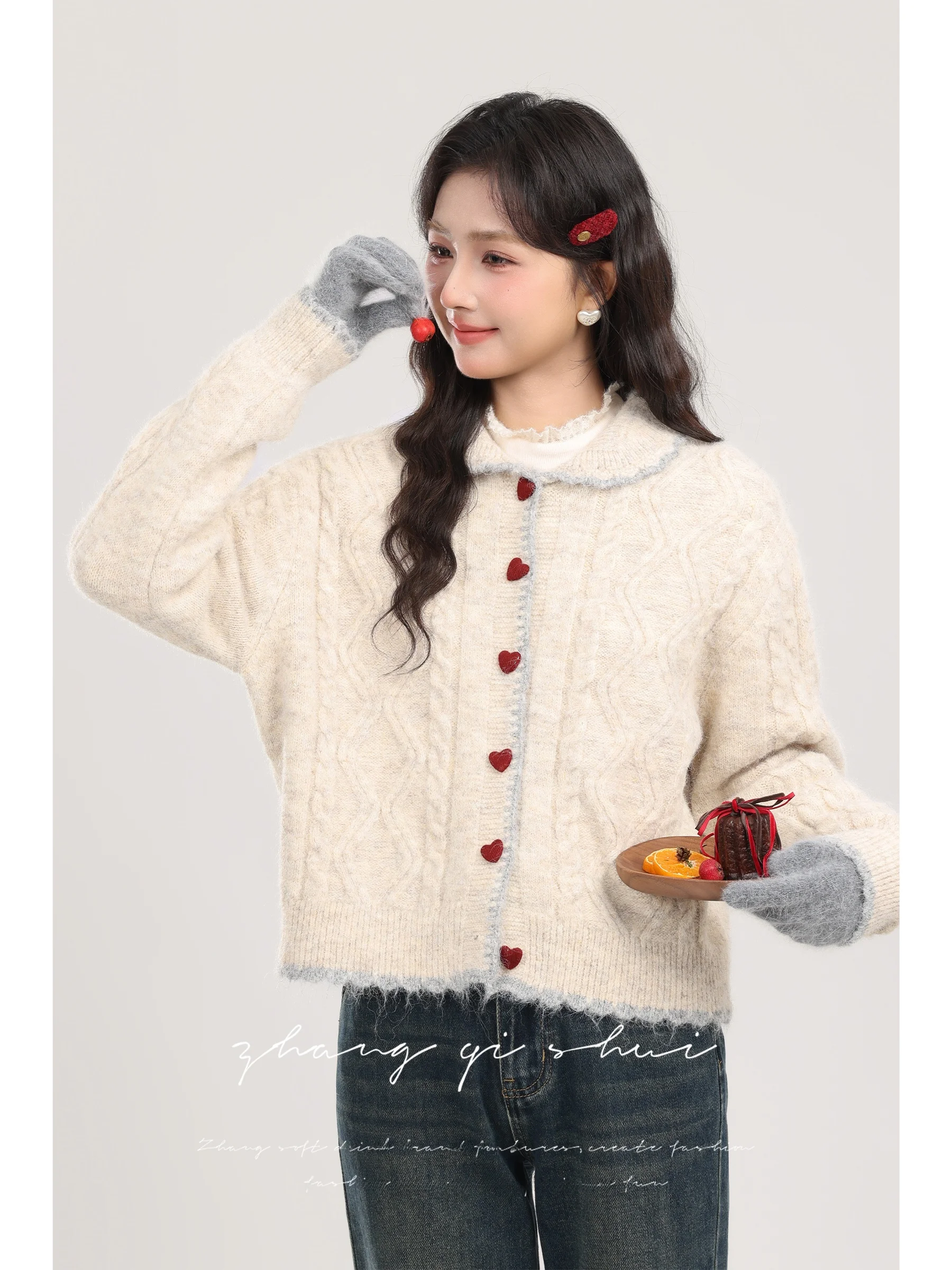 

Soft Cozy Women's Sweater Open Cardigan Loose Fit Autumn Winter New Sle Light Beige Turn-down Collar Design Sense Outerwear