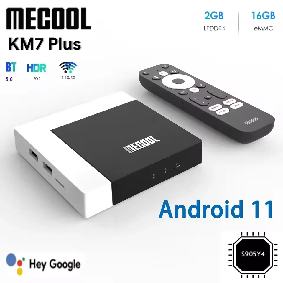 MECOOL KM7 Plus Smart TV Box Android 11 Netflix 4k Google TV 2G DDR4 16GB ROM 100M LAN Internet S905Y4 Home Media Player