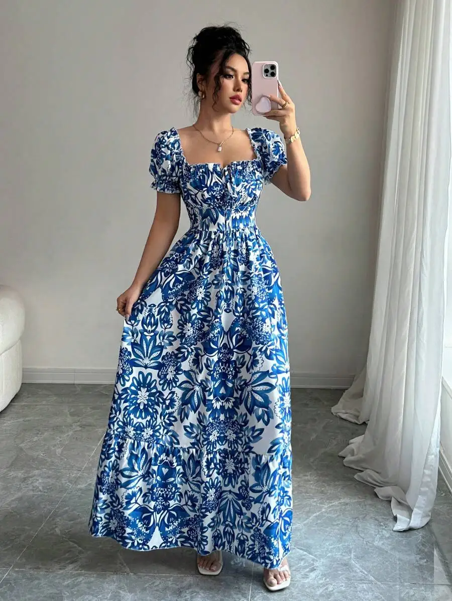 Elegant Blue Floral Print Dress for Women with Bubble Sleeves Long Casual Vacation Front Tie Back Gathered Waist view 3