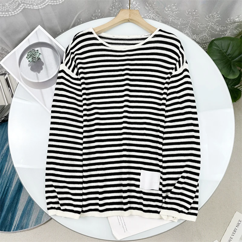 

Striped round Neck Long Sleeve Loose Knitted Top Women's Thin Style Comfortable Lazy Fashion Casual Commute Style Upperwear
