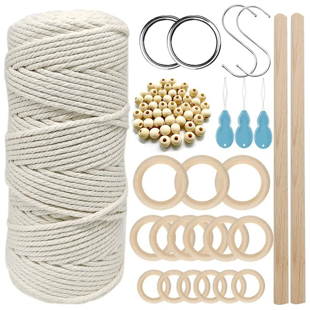 

Macrame Cotton Cord 3mm with Macrame Beads Wooden Rope Wooden Rod with Hooks for Plant Wall Hangers Macrame Kit