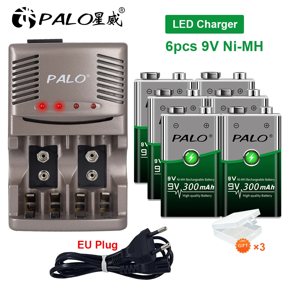 

PALO 9V NI-MH Rechargeable Battery 6F22 9V Batteries 9 voltage With LED Charger for 1.2V AA AAA 9V NIMH Rechargeable Battery