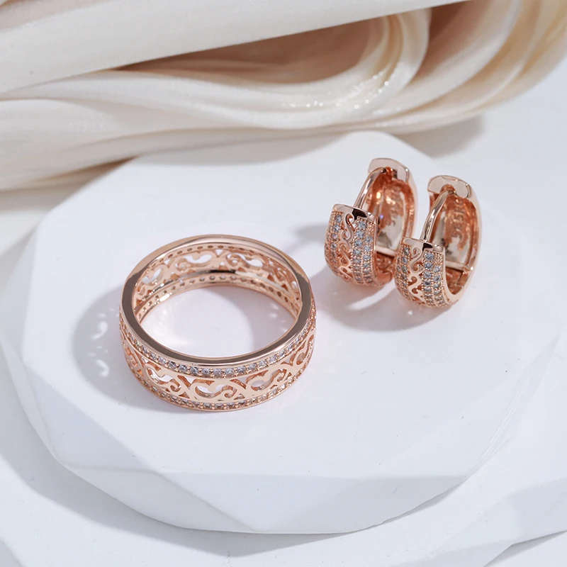 SYOUJYO Vintage Openwork 585 Rose Gold Color Women\'s Ring Exquisite Fashion Jewelry Natural Zirconia Full Pave Setting Ring