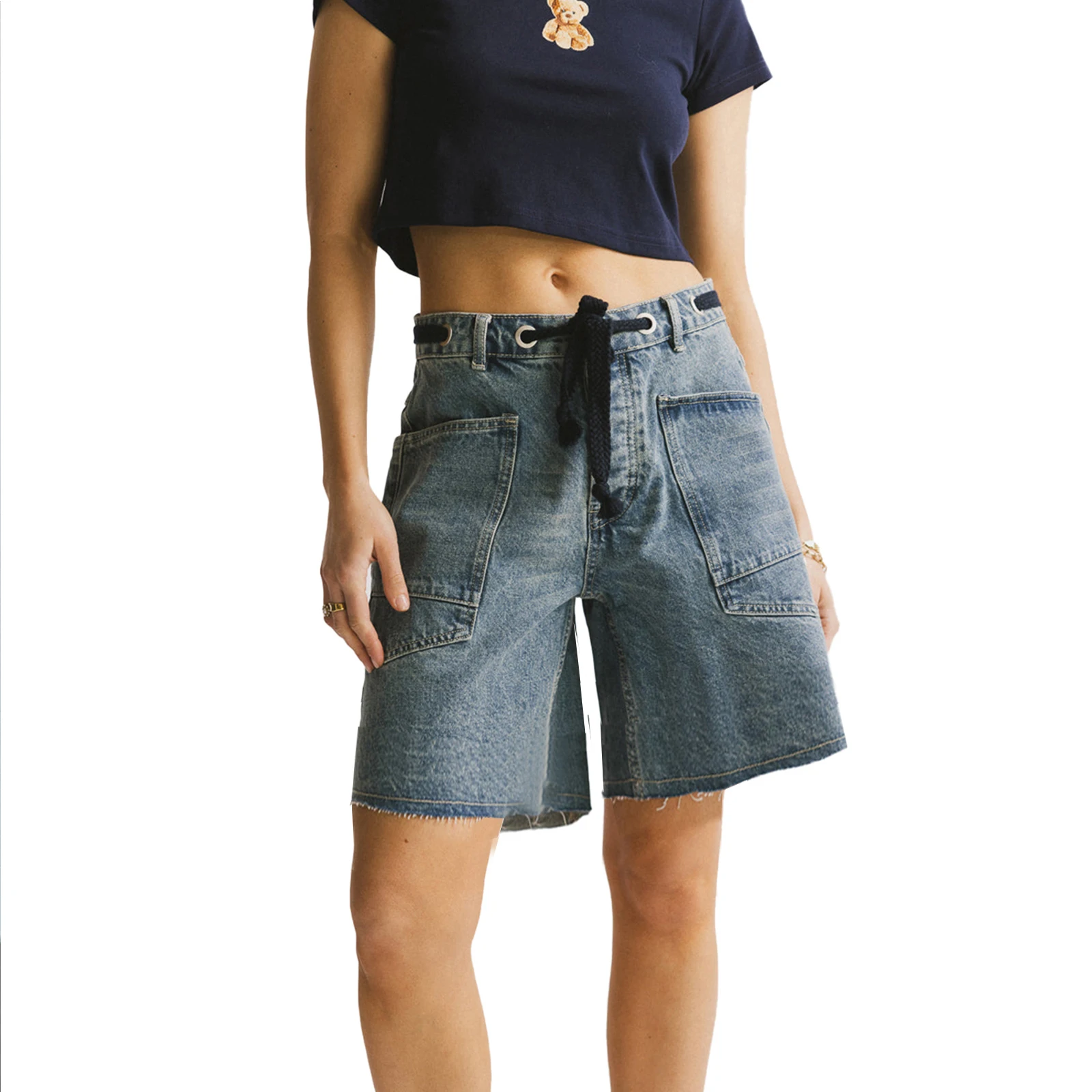 

Women s Summer Bandage Denim Shorts Wide Leg Streetwear Jeans Shorts with Pockets
