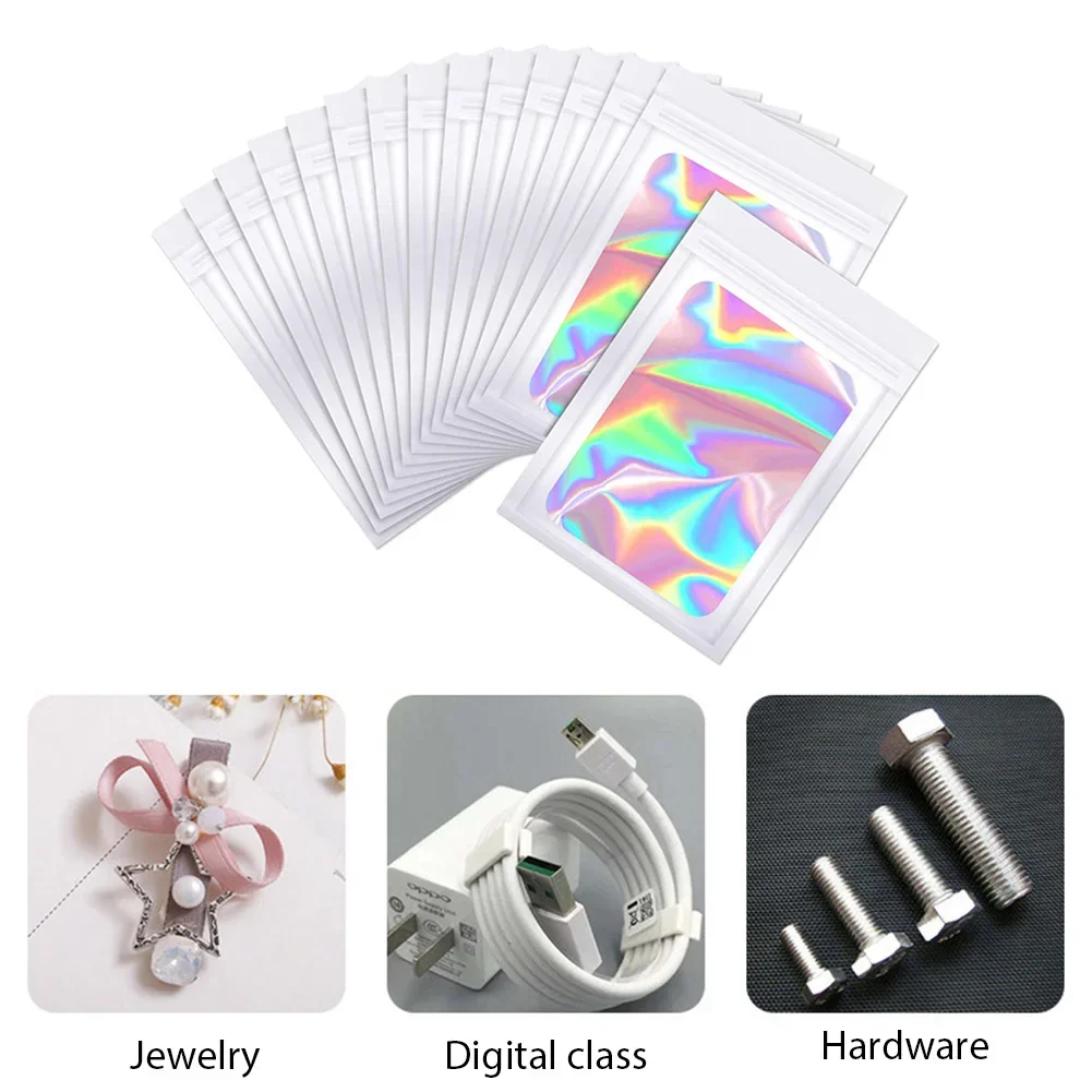 100pcs Packaging Pouch Bag Aluminum Foil Polyester Film Translucent Holographic Rainbow Film Sealed Bag Laser Zip Lock Bag