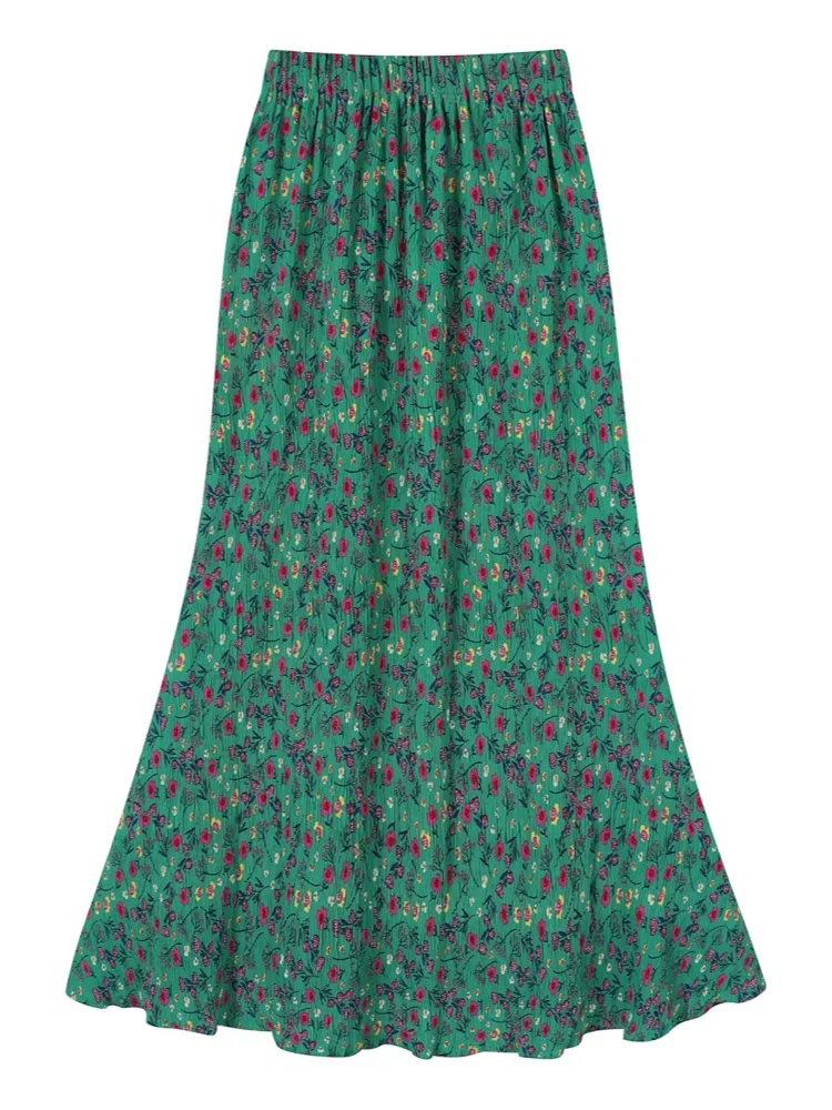 

SMTHMA New Design Green A-line High Waist Floral Mid-Length Skirt Women's 2025 Summer Elastic Waist Long Skirt