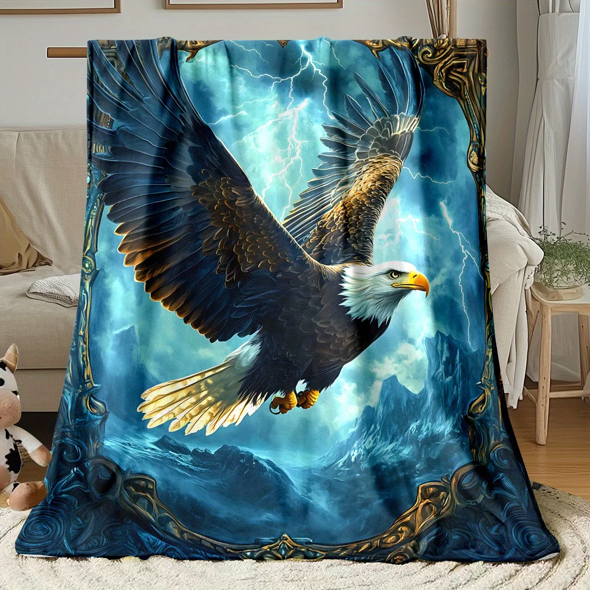 2D Flat1pcs Eagle Flying in Blue Lightning Blanket- Lightweight Flannel Throw for Sofa, Camping, Livingroom, Office, Chair, and