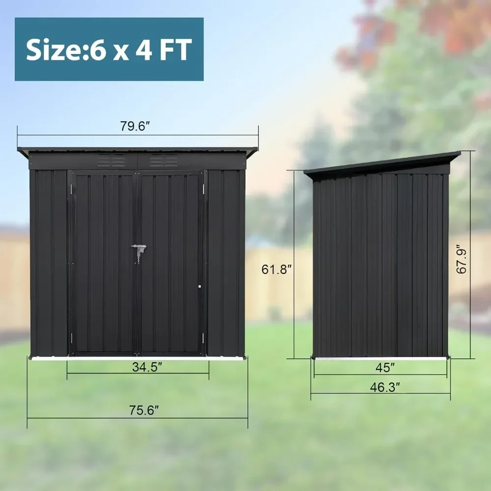 6 x 4 ft Outdoor Storage Shed, All Weather Metal Sheds with Metal Foundation & 2 Lockable Doors, Black Storage Shed