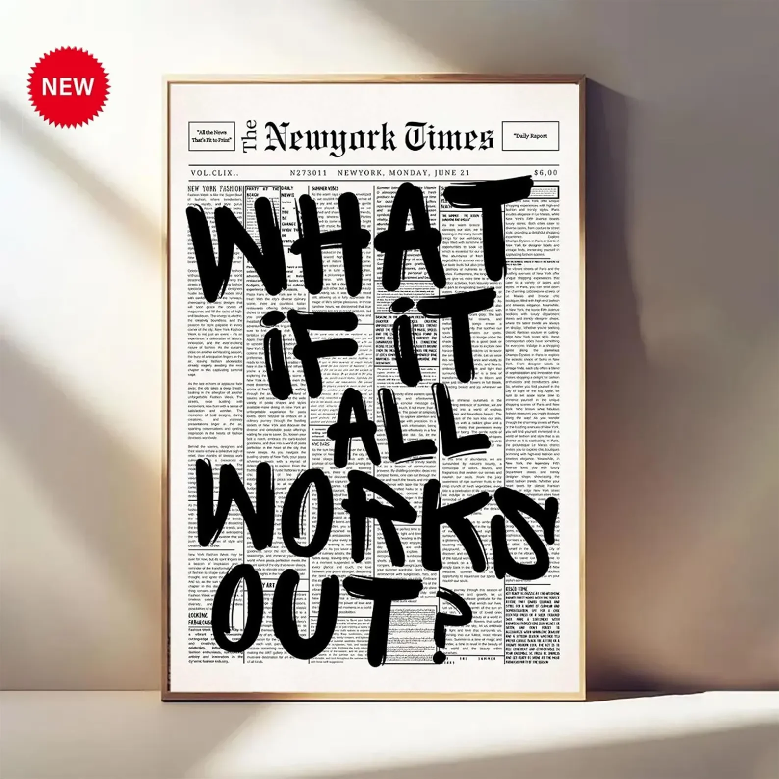Newspaper Poster - What If It All Works Out - Positive Quote Canvas Wall Art, Affirming Minimalist Prints, Neutral Dorm Room