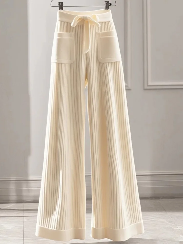 Pantaloni eleganti in maglia dolce da donna tasche larghe alla moda pantaloni a vita alta casual da donna autunno inverno pantaloni chic a gamba larga con lacci