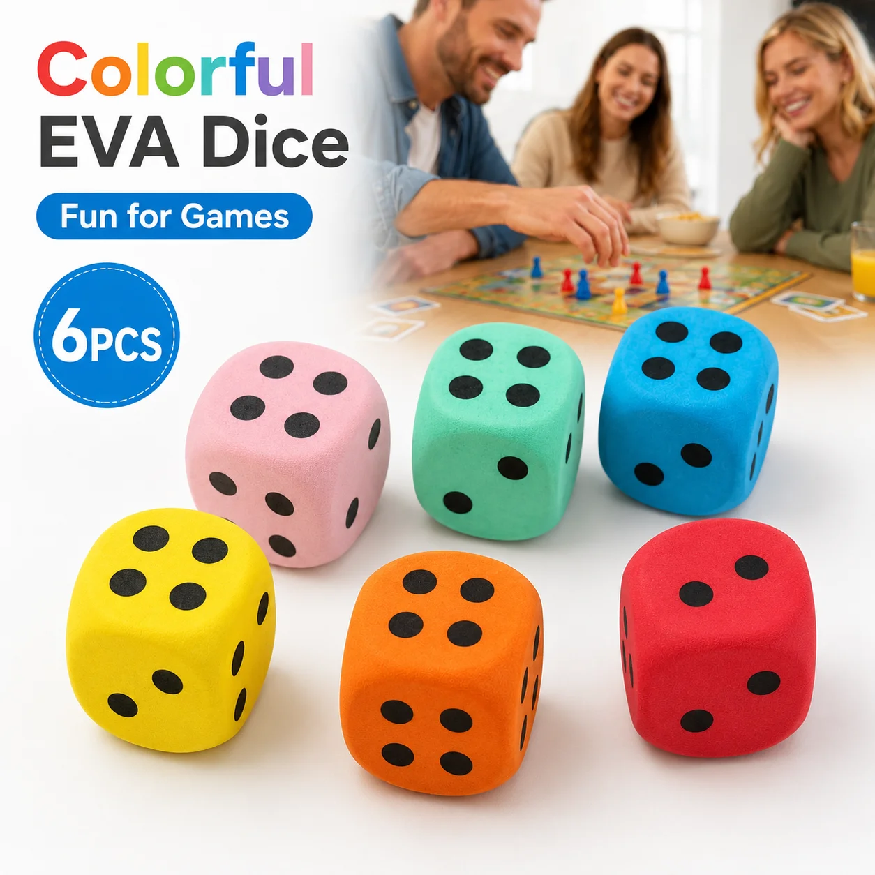 6PCS Colorful EVA Dice Set Soft Foam Six Sided Cubes Reusable Game Props for Classroom Party Home Office Outdoor Activity Use