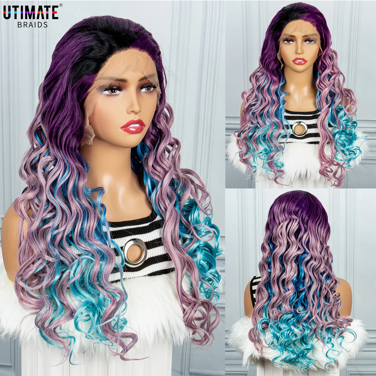 Long Curly Three Tone Ombre Purple Root Ombre Purple Wig Half Hand Tied Heat Friendly Synthetic 13X3Inches Lace Front Wig