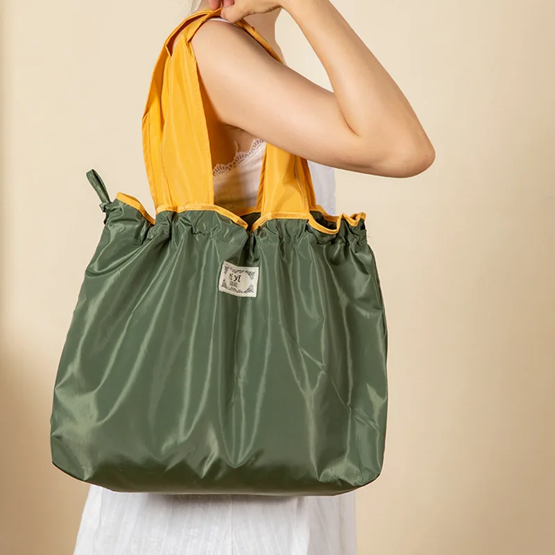 1-Pack Reusable Shopping Bag, Large Capacity Foldable Drawstring Eco-friendly Storage Bag, Casual Shopping Shoulder Bag
