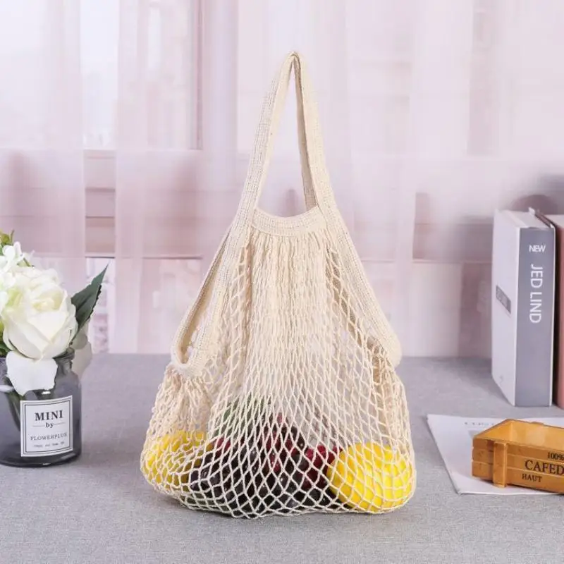 Handliche, faltbare Einkaufstasche aus Baumwollnetz, wiederverwendbare Obstnetztasche, gewebte Netztasche mit Lochmuster für die Küchenaufbewahrung – Detail 2