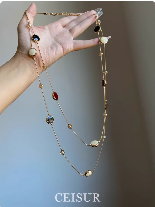 

Винтажное двухслойное колье из бисера «Тигровый глаз», длинная цепочка для свитера, аксессуар на шею.