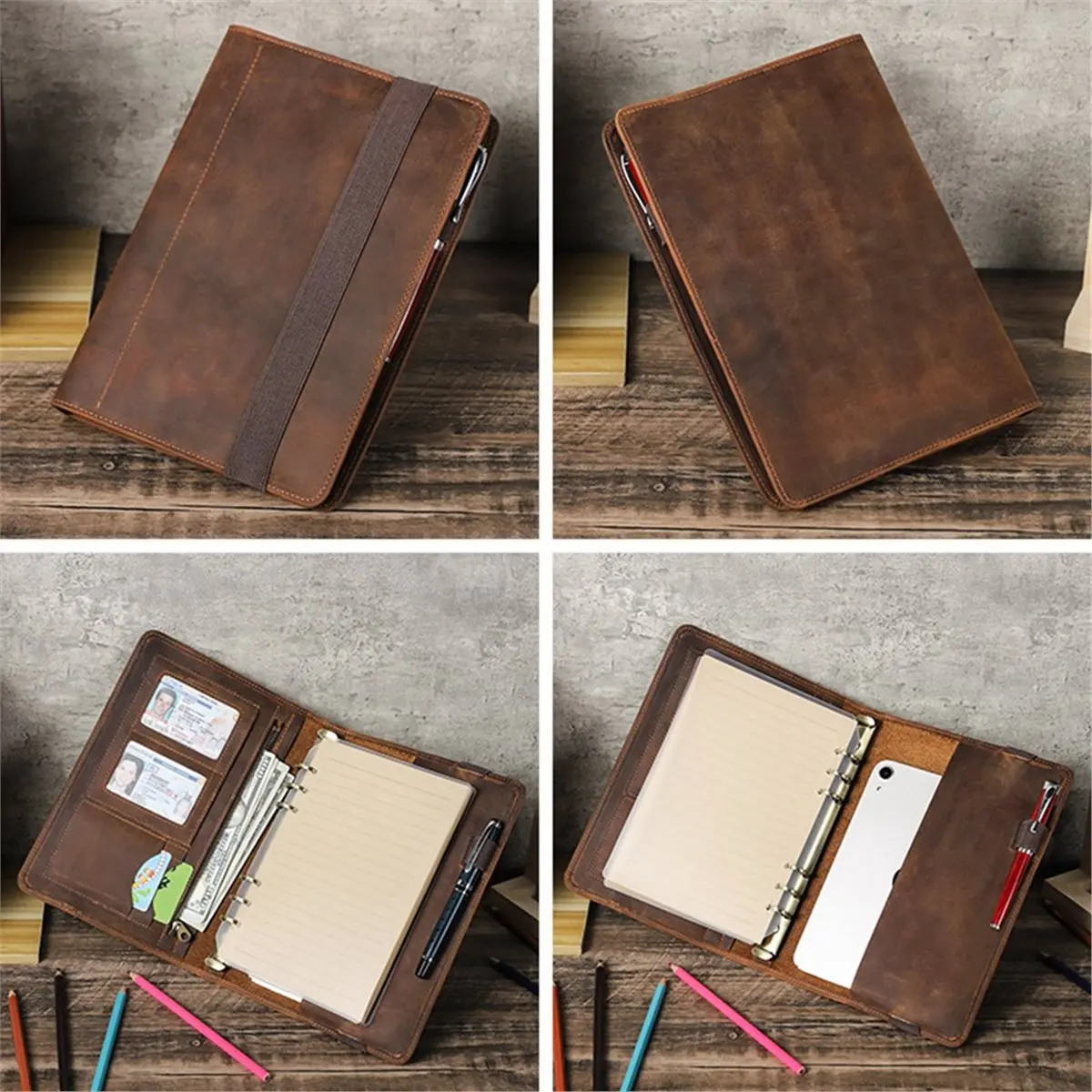Vintage Leather A5 Notebook Cover with 6-Ring Binder - Refillable Organizer, Multi-Function Planner for Office, School