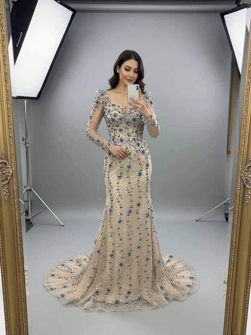 

Роскошное вечернее платье в стиле русалка с длинными рукавами, синее, с кристаллами и цветочным сетчатым декором, приталенное, для ифтара, банкета, Ид (платья)