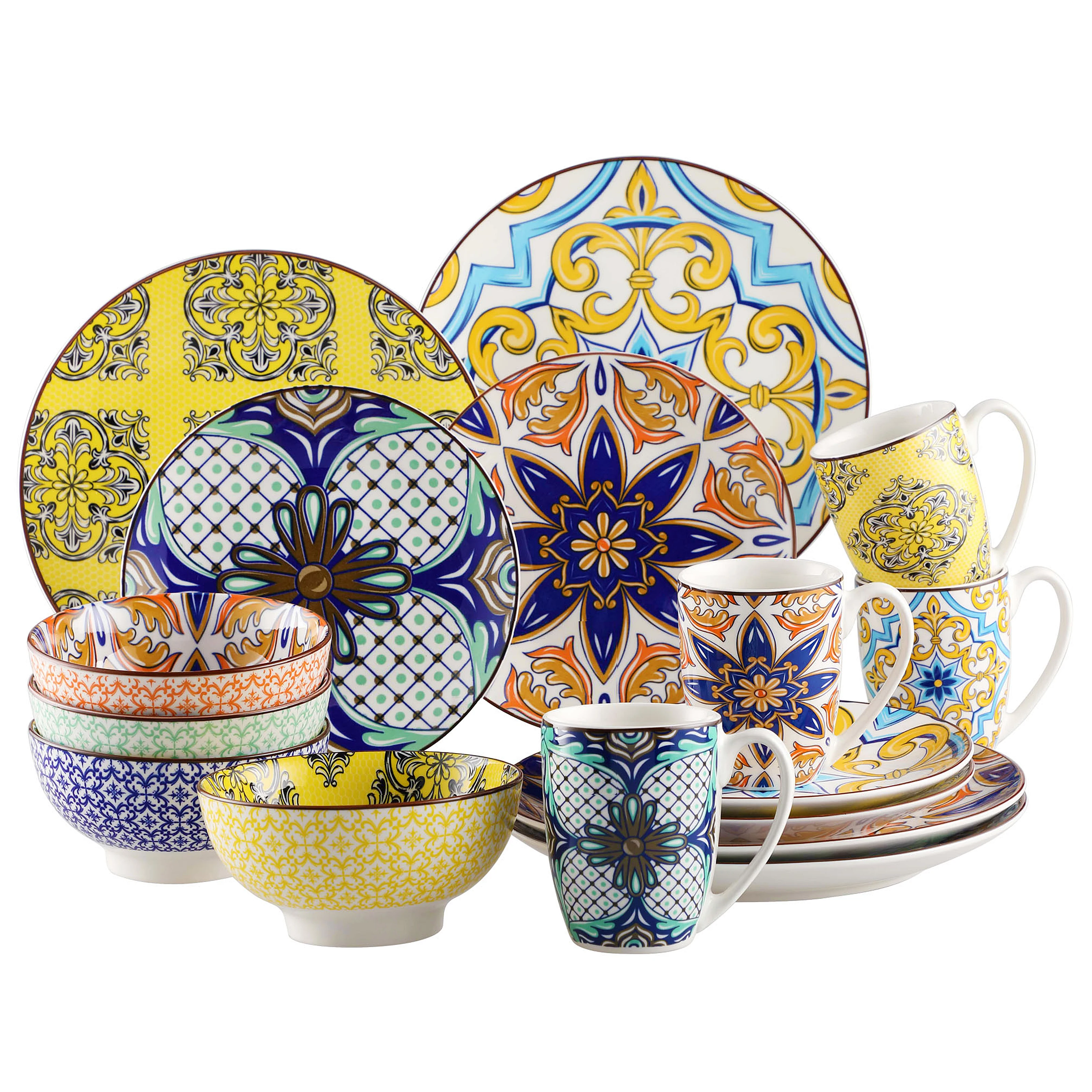 VANCASSO 16/32/48-Piece Jasmin Pattern Porcelain Tableware Dinnerware Dinner Set with Dinner Plate,Dessert Plate,Bowl,Mug Set