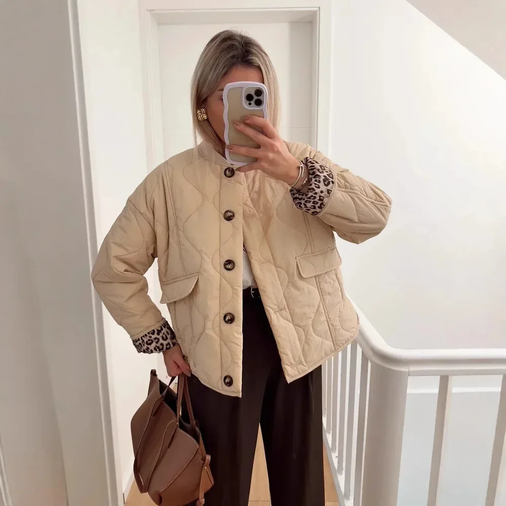 Women Leopard Quilted Parka Coat Single Breasted Long Sleeve Coat Pocket Chic Thick Warm Outerwear Winter куртка женская