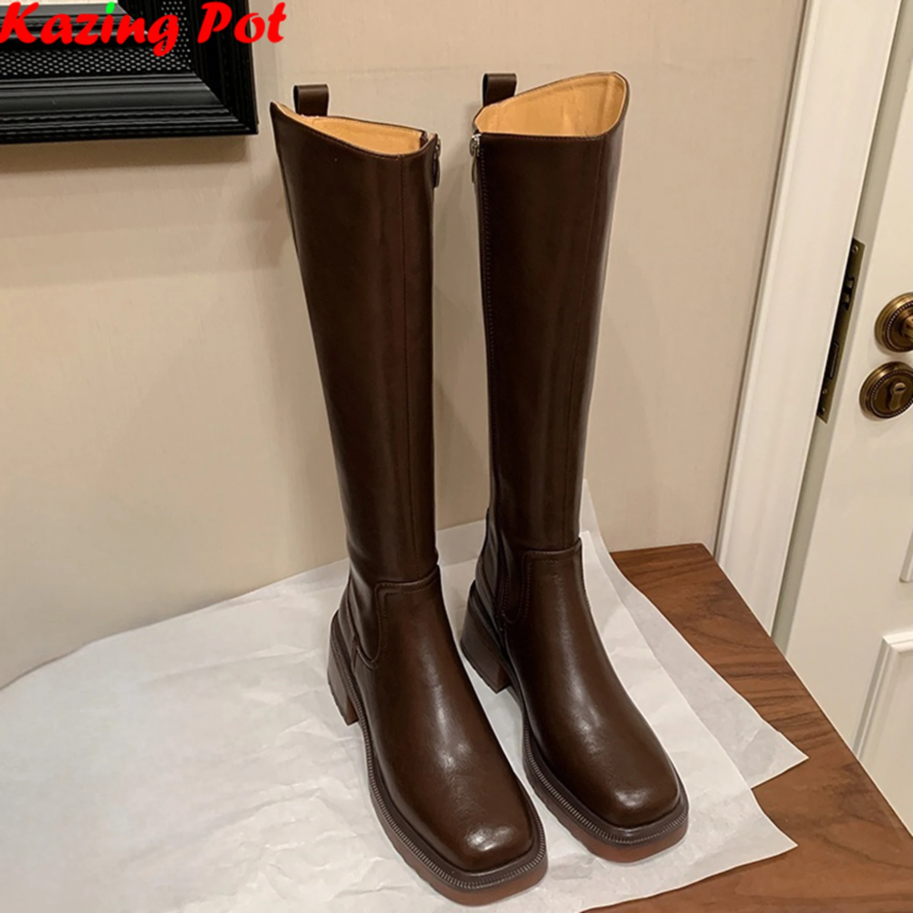 Krazing Pot Cow Skin Square Toe High Heel Non-slip Platform Riding Boots Warm Autumn Winter Shoes Retro Women Knee-high Boots