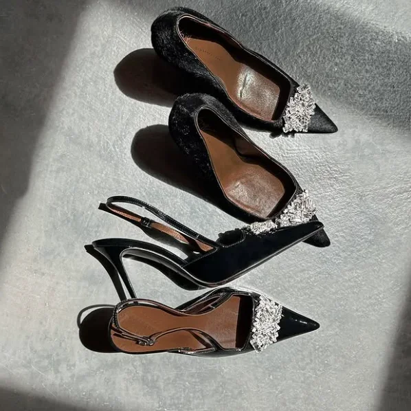Black Patent Leather Crystal Flower High Heels Slingback Sexy Chic Pumps Women's 2025 New in Summer Luxury Designer Party Sandal