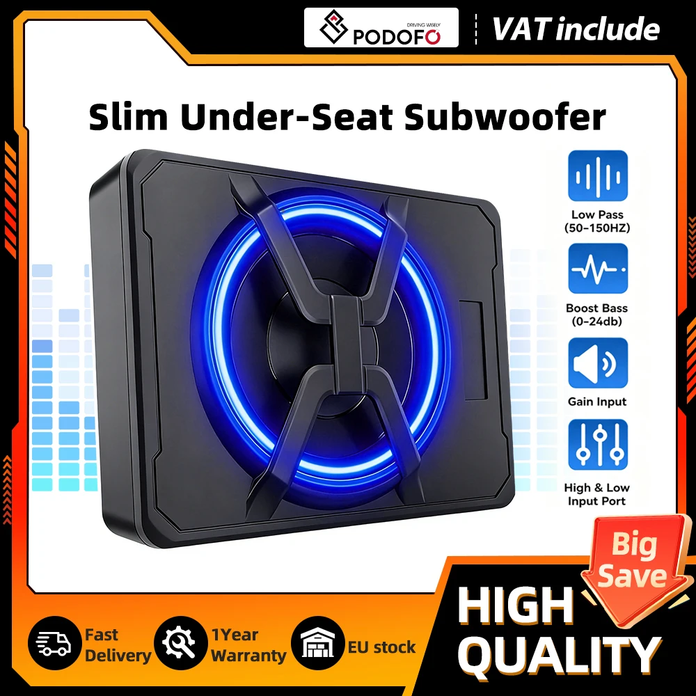 Image of Podofo 10 Zoll Kompakter Auto-Subwoofer für unter den Sitz, 1200W, eingebauter Leistungsverstärker, Bassgehäuse, Komplettset mit passenden Audio-Verbindungskabeln