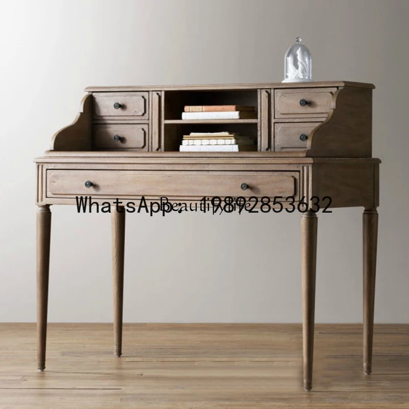 Mini escritorio Country totalmente de madera maciza para dormitorio con cajón, caja de almacenamiento, escritorio