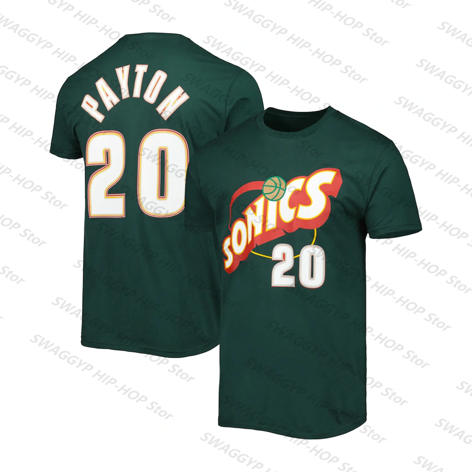 Gary Payton Sonics Hardwood Name&Number T-Shirt-Gray#20 Shawn Kemp Classic Vintage Unisex Basketball Tee Tops-Green Kids/Adults