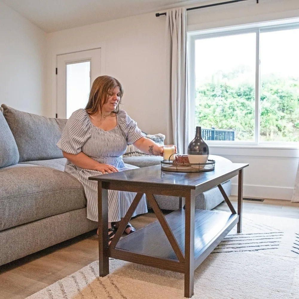 Dark Wood Coffee Table with Storage Shelf - Indoor Solid Pine Wood Center Table for Living Room - Dark Brown - 43.5 W