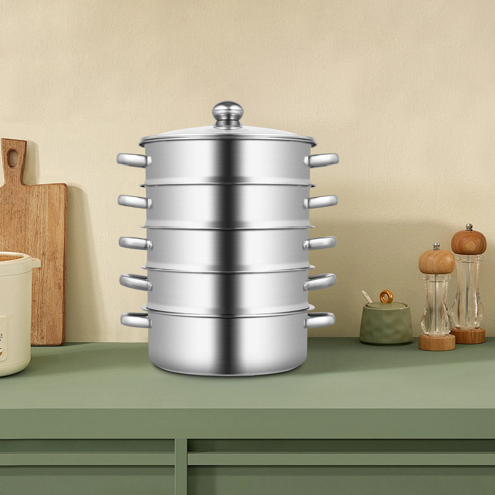 

5-уровневая пароварка из нержавеющей стали, 26 см, со стеклянной крышкой и многоуровневым основанием для плиты, быстрого рогатого нагрева для здорового приготовления пищи