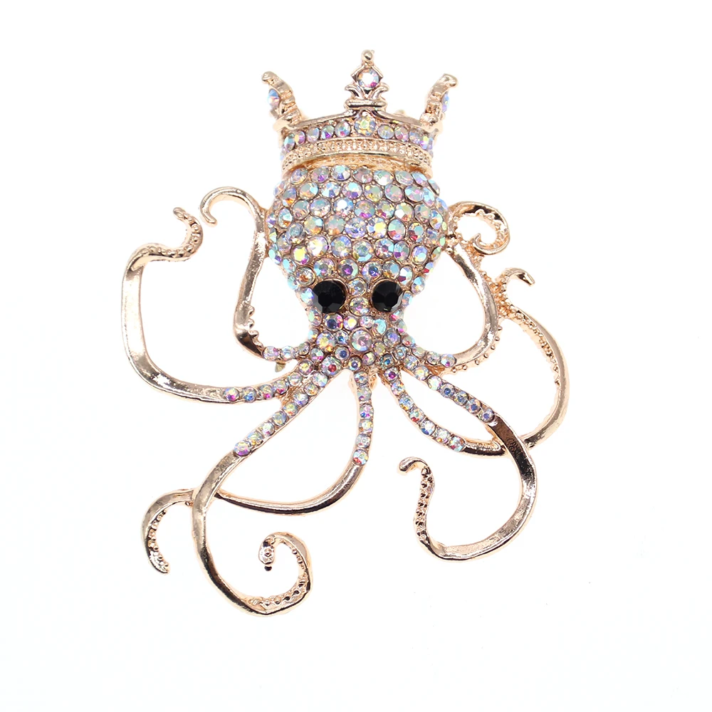 10PCS Luxury Crystal Light Gold Plated Octopus Shape Brooch Pin Rhinestone Sea Life Brooches