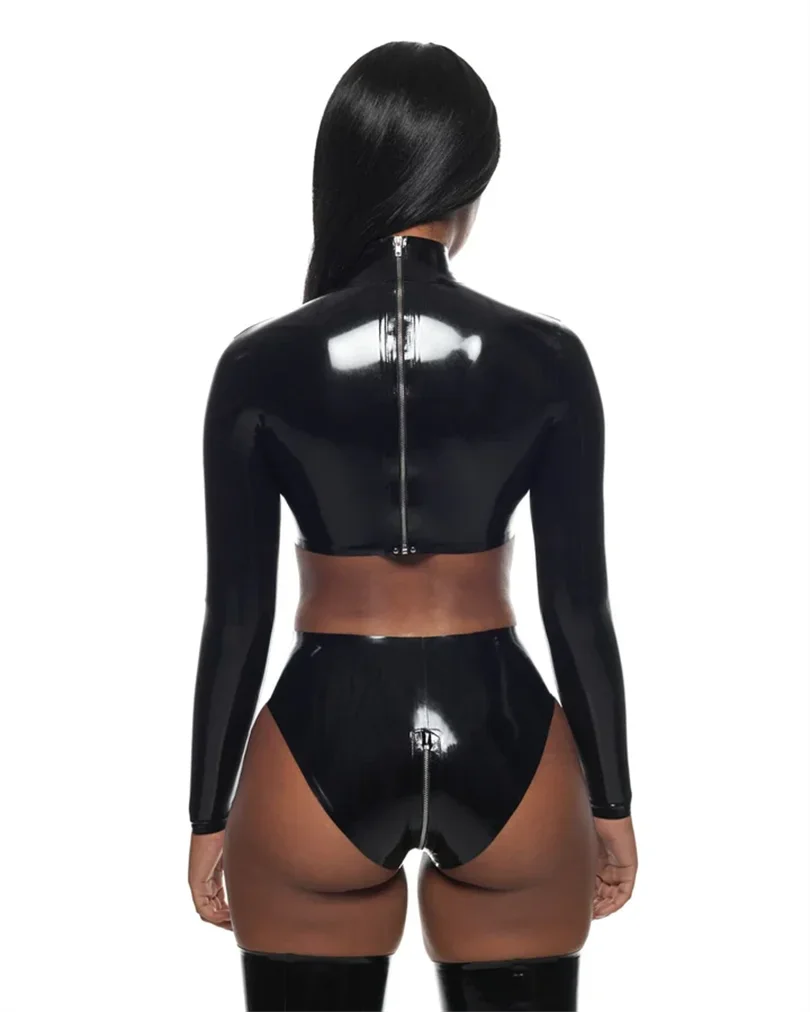 latex fetish Underwear latex gloves Lingerie rubber Panties Women High Waist rubber Thongs Strings zipper bodysuit female