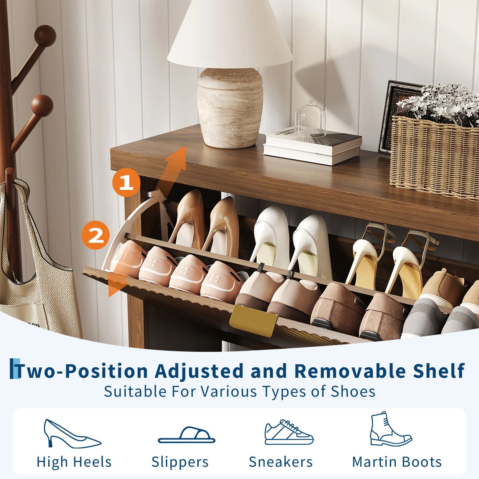Fluted Shoe Cabinet with 2 Flip Drawers for Entryway, Natural Oak | Two Flip Drawers Hide Everyday Shoes in a Slim 9.5-Inch Cabinet with Furniture-Inspired Fluted Style