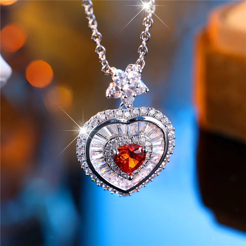 Fashion Female Red Heart Flower Pendant Necklace Cute Silver Color Wedding Jewelry Gift For Women