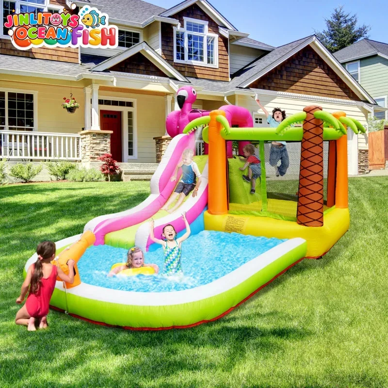 Cocofish Flamingo Themes Indoor Outdoor Playground Jumping Castle Bouncy Toys Inflatable Bounce House Combo Slide for Kids