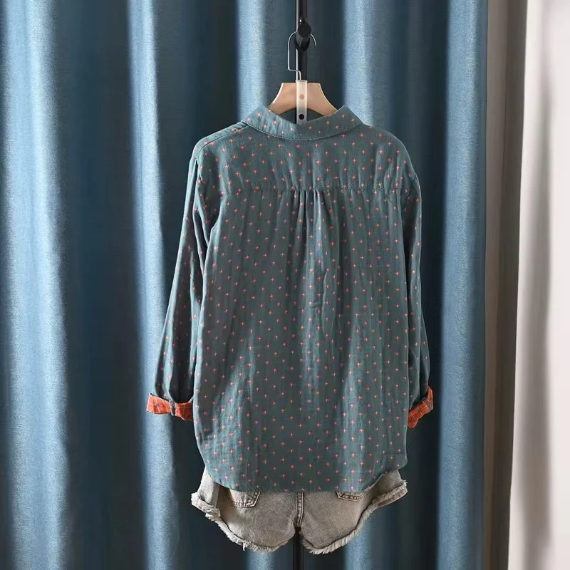 Double Layers 100% Cotton Yarn Polka Dot Shirt Blouse Vintage Women Skin-friendly Long Sleeve Tops Spring Autumn Summer tops