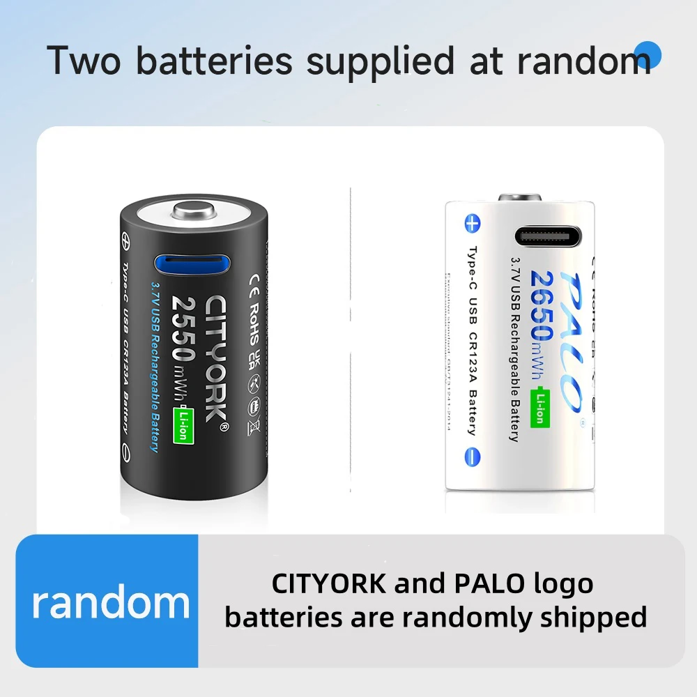 CITYORK CR123A Battery 2550mWh 3.7V Rechargeable Li-ion 16340 Batteries For LED Flashlight 16350 RCR123 Battery+USB Type-c Cable
