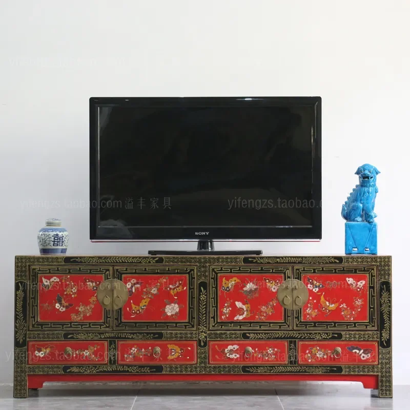 New Chinese Hand Painted TV Cabinet Old Retro Low Console Antique Shanghai Style Living Room Floor Storage Cabinet Chinese