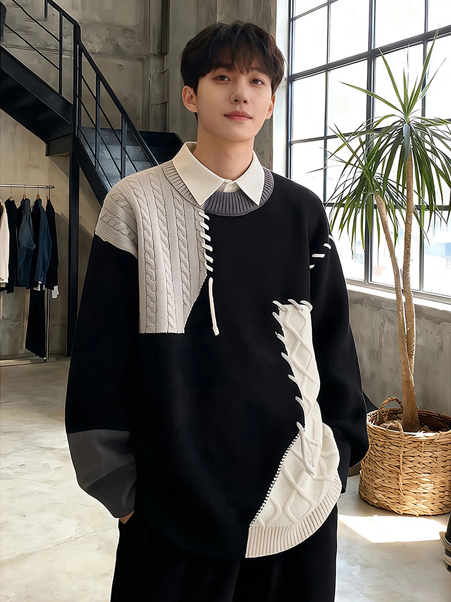 

Мужской зимний винтажный свитер American Style Color Block с круглым вырезом, мягкий, свободного кроя, повседневный, с длинными рукавами