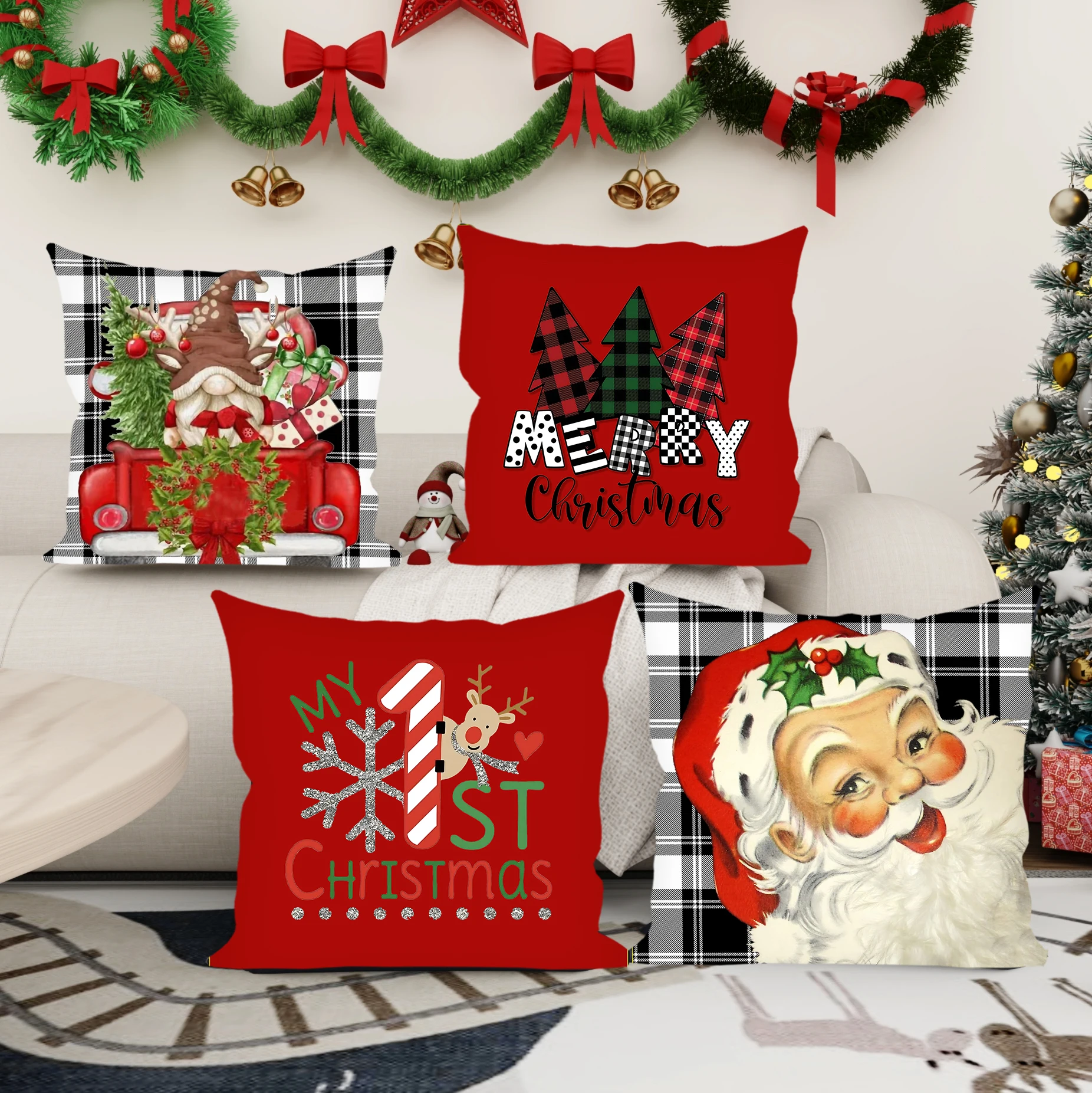 

4 Pcs Merry Christmas Decorative Pillow Cover 18x18 In Throw Pillowcase Christmas Decorations Home Decor Cushion Cover for Sofa