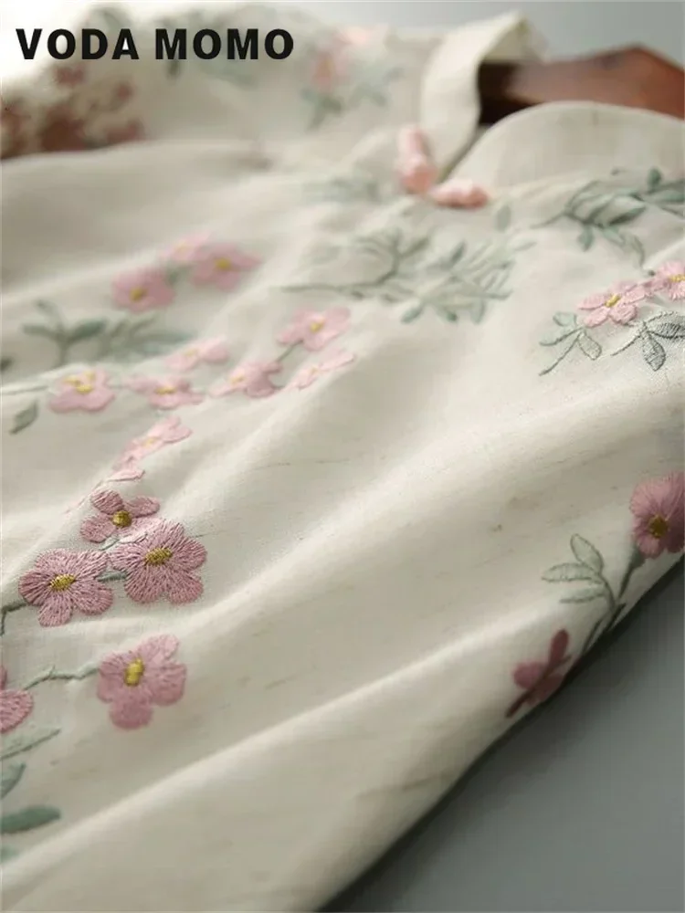 Estilo chino de alta calidad bordado de flores de manga larga otoño Tops de algodón y lino camisa elegante camisa de lino blusa Cheongsam