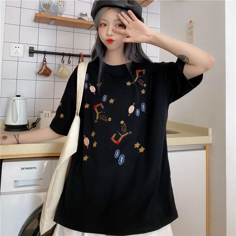 High Quality Embroidery Tees Women Loose Pure Cotton Kawaii T Shirts Summer Short Sleeve Loose White Y2K Tops Aesthetic Clothes