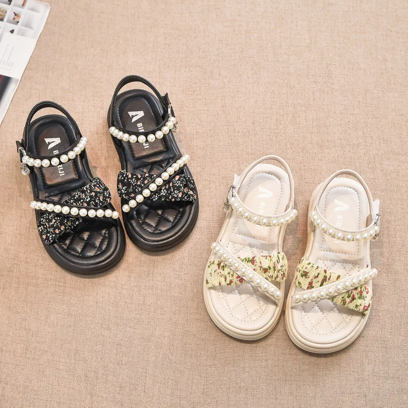 2026 Girls Summer Sandals Soft Bottom Toe-Open Cute Peal Princess Shoes Middle Large Children Little Girls Student Beach Shoes