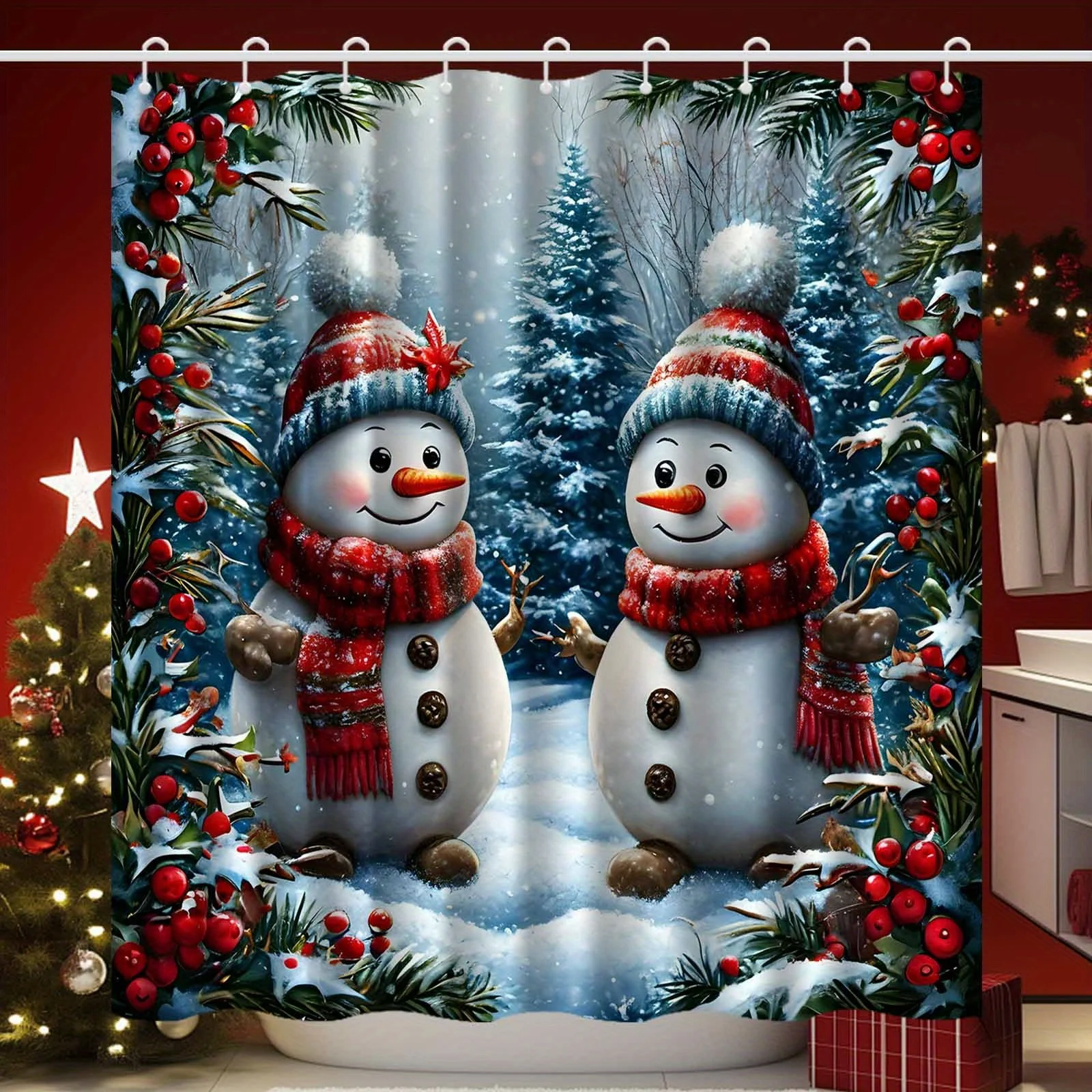 Christmas Snowman Red Fruit Shower Curtain - Festive Winter Scene with Snowmen, Holly Berries & Snowflakes