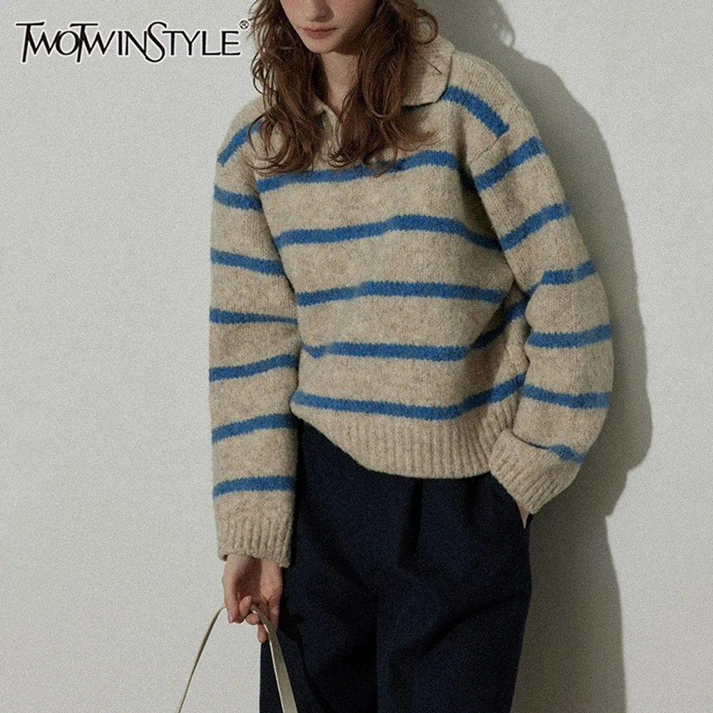 TWOTWINSTYLE Colorblock Casual Knitted Sweaters For Women Lapel Long Sleeve Slimming Stripe Sweater Female Fashion New Clothes